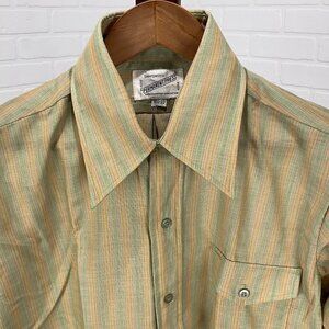 Unbranded Shirt Mens 16.5-33 Green Orange‎ Stripe Sanforized Permanent Press 70s